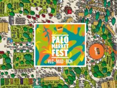 Cartel promocional del Palo Market Fest. Se aprecia una vista aérea del mercadillo. Es una ilustración a color del festival de arte.